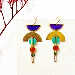 Multicolour Statement Earrings, Geometric Brass Earrings, Big Resin Earrings, Arch Dangle Earrings, Womens Large Earrings, Unique Gifts UK