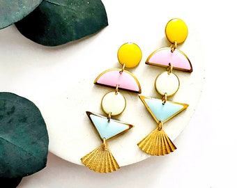 Colourful Art Deco Earrings, 20s Style Drop Earrings, Nickel Free Stud Dangle Earrings, Unique Womens Jewellery Gift, Fan Earrings for Women