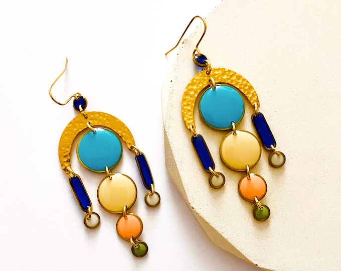 Colourful Crescent Moon Earrings, Arch Dangle Earrings, Art Deco Style Statement Earrings, Multicolour Earrings For Women, Big Jewellery UK