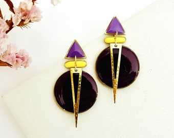 Brass Dangle Earrings, Big Purple Earrings, Geometric Jewellery, Statement Earrings For Women, Art Deco Resin Earrings, Retro Earrings UK
