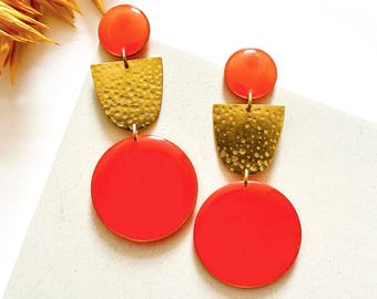 Neon Red Resin Statement Earrings: Brass Dangle Jewelry