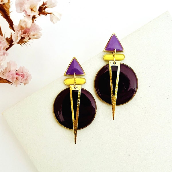 Brass Dangle Earrings, Big Purple Earrings, Geometric Jewellery, Statement Earrings For Women, Art Deco Resin Earrings, Retro Earrings UK