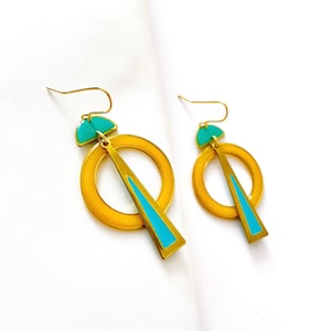 Retro Statement Earrings, Colour Block Yellow Earrings, Geometric Dangle Earrings, Fun Hook Earrings Gift UK, Womens 60’s Colourful Earrings