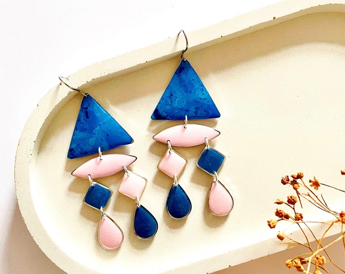 Unusual Silver Earrings, Womens Pink and Blue Earrings, Hypoallergenic Statement Earrings, Fun Resin Earrings, Unique Colourful Earrings UK