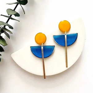 Art Deco Silver Earrings, Yellow and Blue Resin Earrings, Contemporary Silver Earrings, Bright Colourful Earrings, Women’s Fashion Earrings