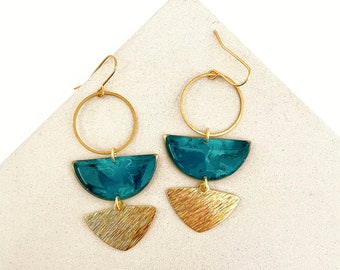 Nickel Free Statement Earrings UK, Unique Dangle Earrings with Hooks, Womens Long Teal Earrings, Modern Resin Earrings, Brass Earrings UK