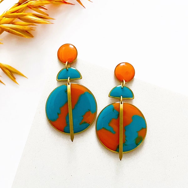 Orange and Turquoise Resin Earrings, Womens Colourful Jewellery, Large Brass Statement Earrings, Bold Dangle Earrings, Resin Earrings UK