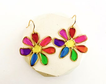 Colourful Flower Earrings, Flower Dangle Earrings, Colourful Nickel Free Earrings, 60s Earrings For Women, Multicoloured Flower Earrings UK