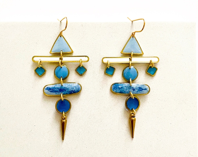 Statement Chandelier Earrings, Unique Blue Earrings, Bold Resin Earrings, Unusual Dangle Earrings For Women, Big Colourful Earrings UK Shop