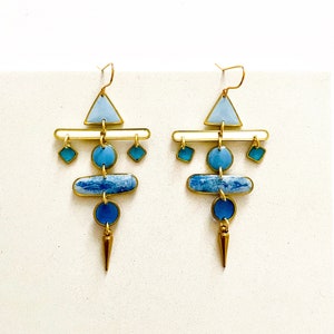 Statement Chandelier Earrings, Unique Blue Earrings, Bold Resin Earrings, Unusual Dangle Earrings For Women, Big Colourful Earrings UK Shop image 1