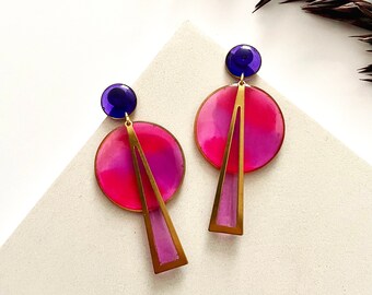 Unique Stud Dangle Earrings, Pink and Purple Statement Earrings, Multicolour Resin Earrings, Womens Big Earrings, Colourful Fun Earrings UK