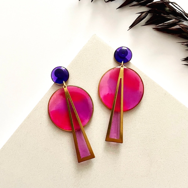 Unique Stud Dangle Earrings, Pink and Purple Statement Earrings, Multicolour Resin Earrings, Womens Big Earrings, Colourful Fun Earrings UK