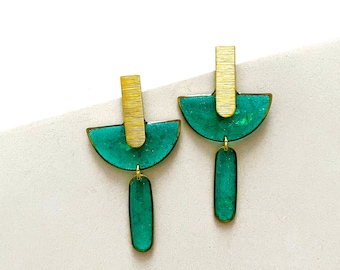 Womens Resin Drop Earrings, Hammered Brass Statement Earrings, Green Earrings For Sensitive Skin UK, Coloured Resin Earrings With Glitter