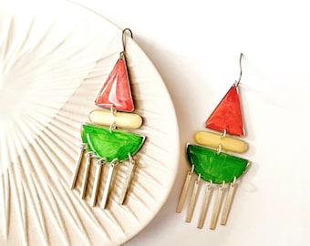 Big Silver Earrings, Red and Green Boho Earrings, Lightweight Resin Earrings, Colourful Steel Hook Earrings, Unique Silver Earrings UK