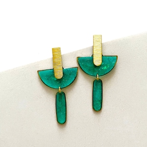 Womens Resin Drop Earrings, Hammered Brass Statement Earrings, Green Earrings For Sensitive Skin UK, Coloured Resin Earrings With Glitter