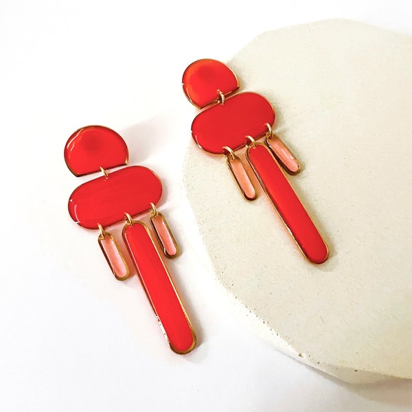 Big Red Earrings, Art Deco Jewellery, Bright Statement Earrings, Retro Dangle Earrings, Hypoallergenic Resin Earrings, 20s Style Earrings UK