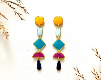 Colourful Shoulder Duster Earrings, Womens Geometric Earrings, Unique Gift Ideas For Her, Multicoloured Long Earrings, Quirky Jewellery UK