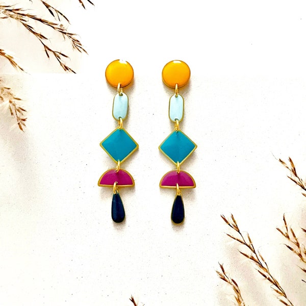 Colourful Shoulder Duster Earrings, Womens Geometric Earrings, Unique Gift Ideas For Her, Multicoloured Long Earrings, Quirky Jewellery UK