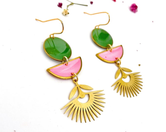 Flower Dangle Earrings UK, Unique Pink and Green Earrings, Brass Earrings for Women, Colourful Resin Earrings, Coloured Statement Earrings