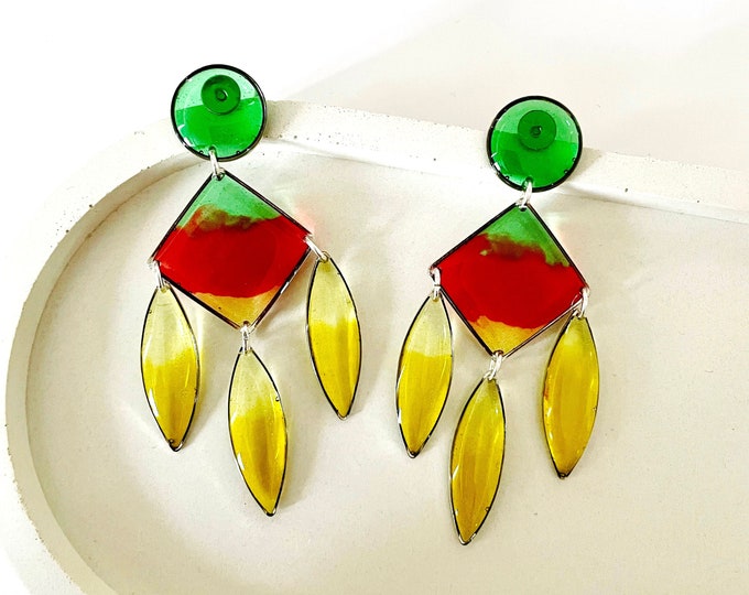 Multicolour Silver Earrings, Chandelier Dangle Earrings, Colourful Silver Earrings, Fun Statement Earrings, Big Resin Earrings For Women UK