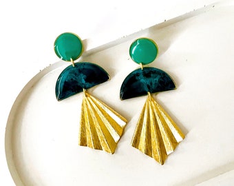 Resin Art Deco Earrings, Bold Emerald Green Earrings, Retro Statement Earrings, Brass Earrings For Women, Large Fan Earrings Made in The UK