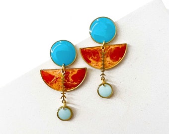 Unique Brass Earrings, Lightweight Hypoallergenic Earrings, Handmade Orange and Blue Earrings, Fun Resin Earrings UK Shop, Coloured Earrings