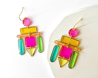 Womens Multicolour Earrings, Resin Chandelier Earrings, Colour Block Statement Earrings, Colourful Geometric Earrings, Fun Gift Ideas UK