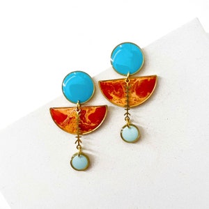 Unique Brass Earrings, Lightweight Hypoallergenic Earrings, Handmade Orange and Blue Earrings, Fun Resin Earrings UK Shop, Coloured Earrings