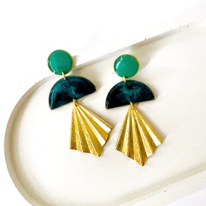 Resin Art Deco Earrings, Bold Emerald Green Earrings, Retro Statement Earrings, Brass Earrings For Women, Large Fan Earrings Made in The UK