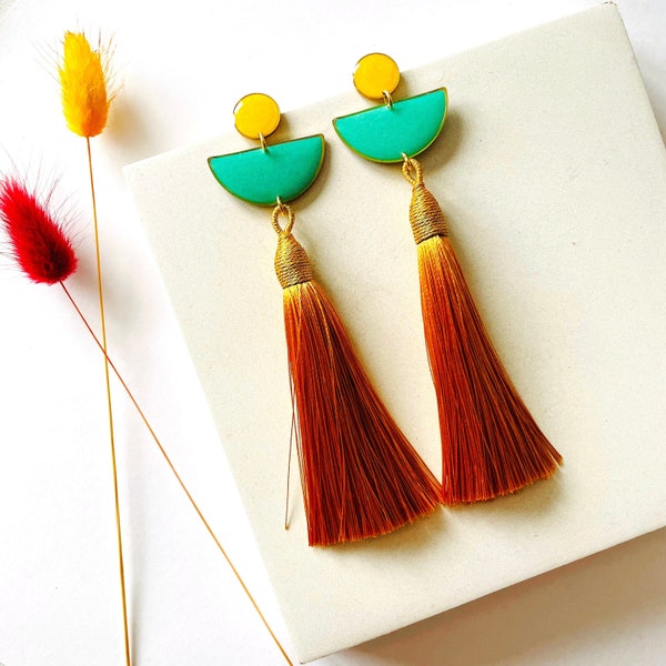Green and Mustard Yellow Tassel Earrings UK, Womens Long Tassel Earrings, Lightweight Statement Earrings, Shoulder Duster Dangle Earrings