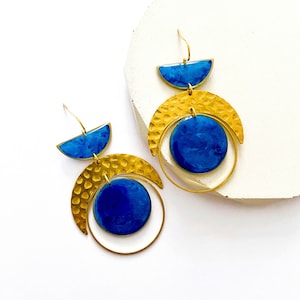 Crescent Moon Dangle Earrings, Dark Blue: Brass Boho Jewellery