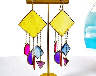 Colourful Statement Earrings, Multicolour Dangle Earrings, Big Resin Earrings, Geometric Earrings For Women, Unique Large Earrings In The UK