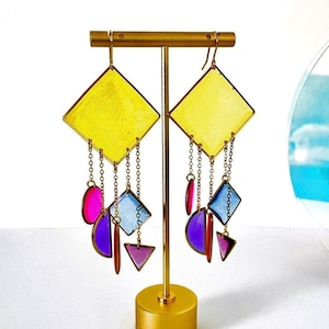 Colourful Statement Earrings, Multicolour Dangle Earrings, Big Resin Earrings, Geometric Earrings For Women, Unique Large Earrings In The UK