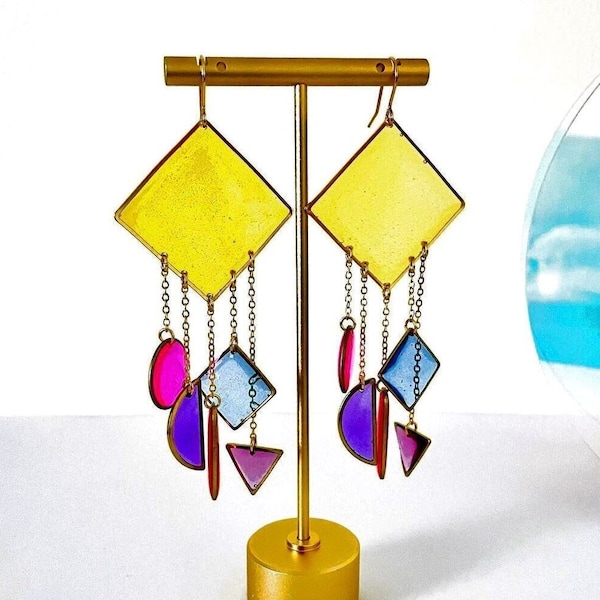 Colourful Statement Earrings, Multicolour Dangle Earrings, Big Resin Earrings, Geometric Earrings For Women, Unique Large Earrings In The UK