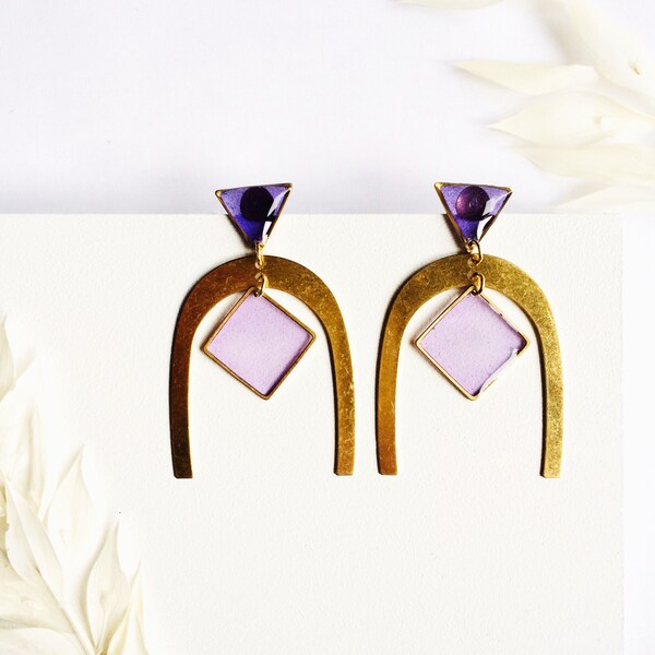 Arch Earrings On Sale | Brass Statement Earrings UK | Birthday Gift Ideas For Mum | Purple Statement Jewellery | Unique Dangle Earrings UK