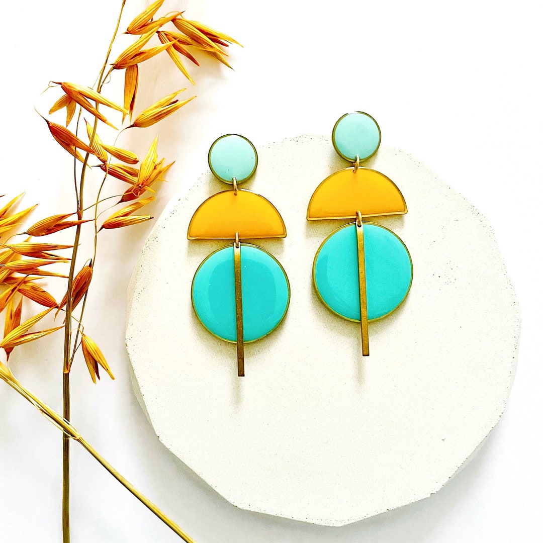 Quirky Statement Earrings, Big Blue and Yellow Earrings, Brass Dangle
