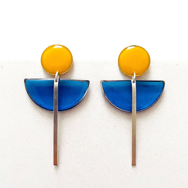 Art Deco Silver Earrings, Yellow and Blue Resin Earrings, Contemporary Silver Earrings, Bright Colourful Earrings, Womens Fashion Earrings image 2