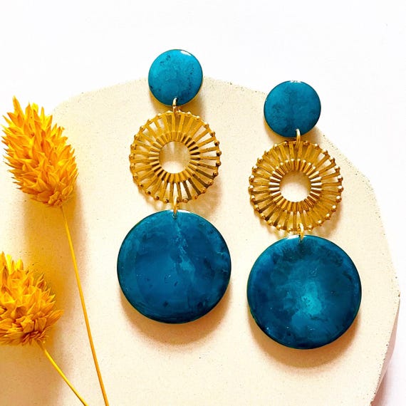 Teal Statement Earrings, Big Dangle Earrings, Bold Resin and Brass