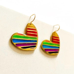 Rainbow Coloured Heart Dangle Earrings: Fun Brass and Resin Earrings