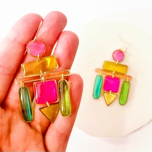 Womens Multicolour Earrings, Resin Chandelier Earrings, Colour Block Statement Earrings, Colourful Geometric Earrings, Fun Gift Ideas UK image 4