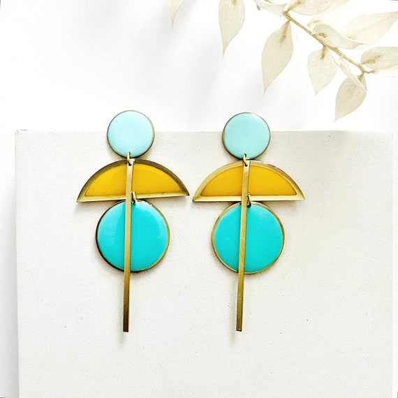 Statement Art Deco Earrings, Nickel Free Big Earrings, Bold Brass Earrings,  Geometric Blue and Yellow Earrings, Large Dangle Earrings UK - Etsy