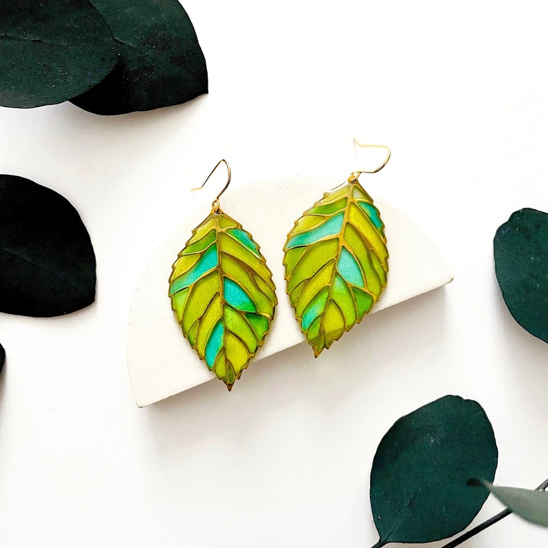 Leaf Dangle Earrings, Green Earrings UK, Statement Leaf Earrings, Colourful Resin Earrings, Big Lightweight Earrings Nature Lovers Gift image 1