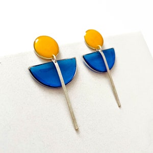 Art Deco Silver Earrings, Yellow and Blue Resin Earrings, Contemporary Silver Earrings, Bright Colourful Earrings, Womens Fashion Earrings image 3