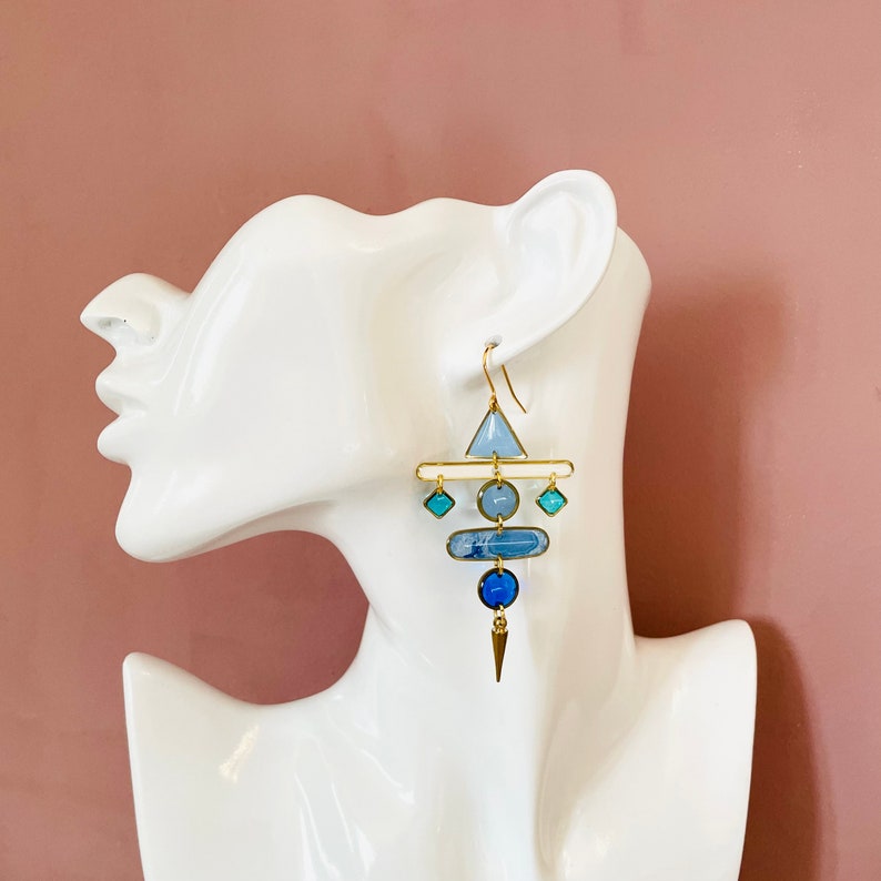 Statement Chandelier Earrings, Unique Blue Earrings, Bold Resin Earrings, Unusual Dangle Earrings For Women, Big Colourful Earrings UK Shop image 6