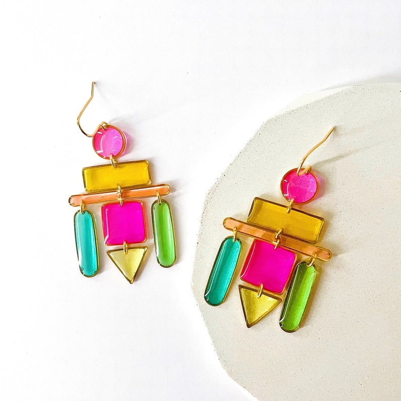 Boucles d'oreilles multicolores pour femme, Boucles d'oreilles lustre en résine, Boucles d'oreilles colorées, Boucles d'oreilles géométriques colorées, Idées cadeaux amusantes image 1