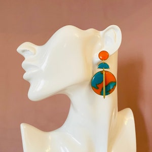 Orange and Turquoise Resin Earrings, Womens Colourful Jewellery, Large Brass Statement Earrings, Bold Dangle Earrings, Resin Earrings UK image 6