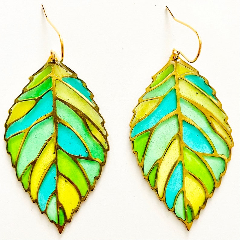 Leaf Dangle Earrings, Green Earrings UK, Statement Leaf Earrings, Colourful Resin Earrings, Big Lightweight Earrings Nature Lovers Gift image 2