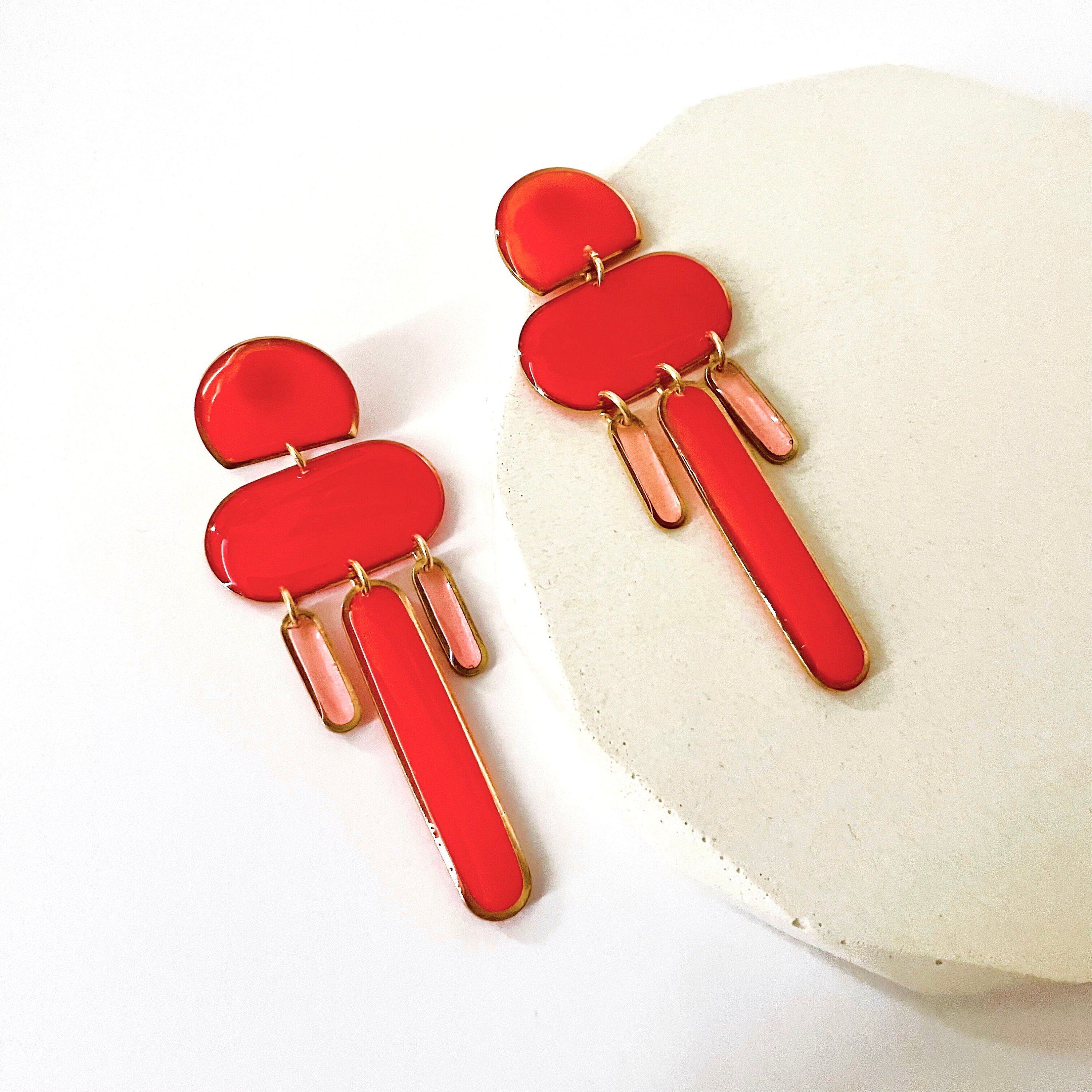 Red Art Deco Dangle Earrings: Hypoallergenic Resin Statement Jewelry