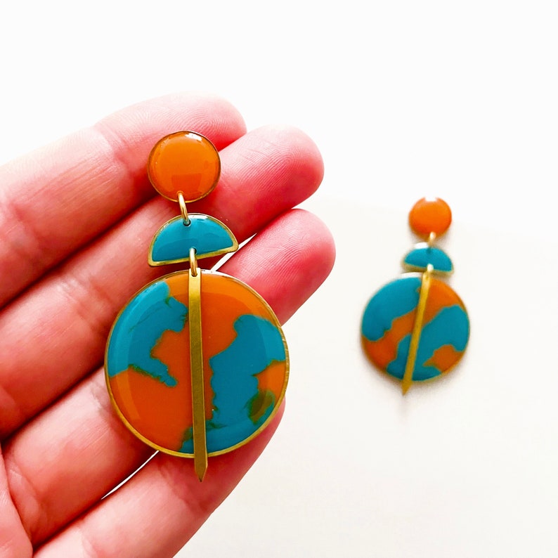 Orange and Turquoise Resin Earrings, Womens Colourful Jewellery, Large Brass Statement Earrings, Bold Dangle Earrings, Resin Earrings UK image 4