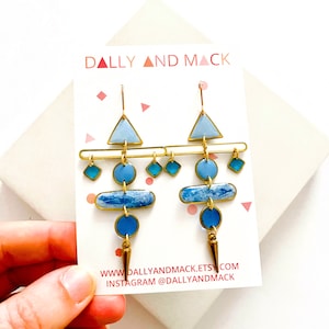 Statement Chandelier Earrings, Unique Blue Earrings, Bold Resin Earrings, Unusual Dangle Earrings For Women, Big Colourful Earrings UK Shop image 5
